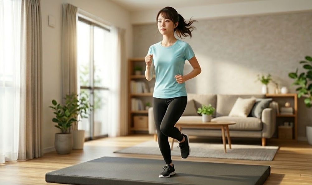 明るいリビングルームの中央に敷かれた厚手のフィットネスマットの上で、ポニーテールの若い女性が活発にその場ジョギング（定位置でのランニング動作）をしている様子。彼女は水色の運動用Tシャツと黒いレギンスを着用し、腕を振って走っている。背景にはソファ、コーヒーテーブル、窓からの自然光、観葉植物が見え、健康的で活気のある雰囲気。