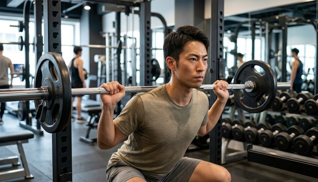 モダンなフィットネスジムで、バーベルを肩に担ぎスクワットをする若い日本人男性。パワーラックやダンベルラック、他の利用者がいる中で集中してトレーニングを行っている。