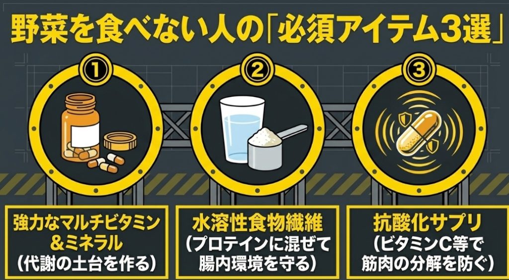 野菜を食べない人の「必須アイテム3選」 として、強力なマルチビタミン&ミネラル(代謝の土台を作る) 、水溶性食物繊維(プロテインに混ぜて腸内環境を守る) 、抗酸化サプリ(ビタミンC等で筋肉の分解を防ぐ)  を紹介したスライド。