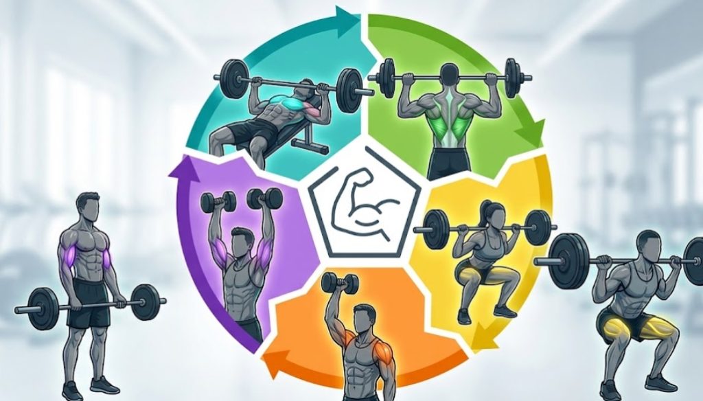 モダンなジムを背景にした、全身を5日間で鍛える「5分割筋トレルーチン」の円形インフォグラフィック。テキストは含まれていません。中央のロゴから放射状に広がる5つの色のセグメントが、それぞれ異なる筋肉部位をターゲットにしたエクササイズ（胸、背中、脚、肩、腕）を図解しています。