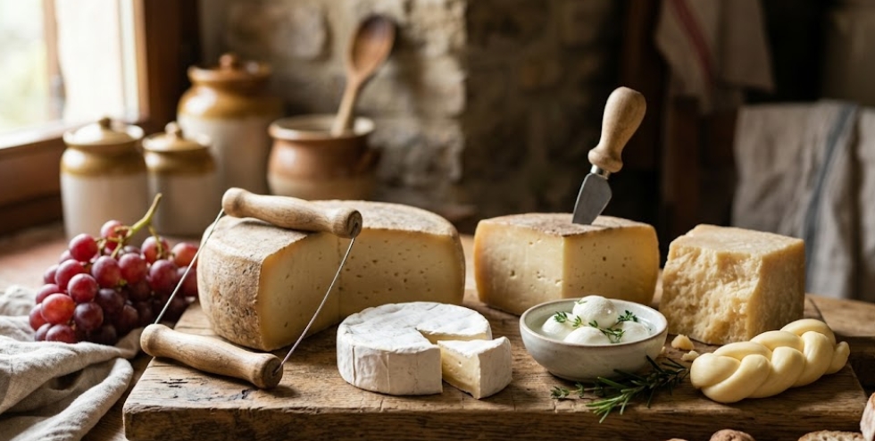 素朴な木製のまな板の上に並べられた、多種多様な職人技の手作りチーズ（カマンベール、ハードチーズ、編み込みチーズ、セミハードチーズ）の盛り合わせ。チーズワイヤーカッター、ナイフ、赤いブドウ、新鮮なハーブ、スライスしたパン、クルミが添えられている。背景には農家のキッチンの様子が見える。