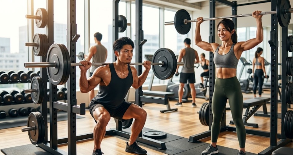 明るく広々とした現代的なジムで、アジア人の男女がパワーラックを使って筋力トレーニングをしている。左側の男性は深くしゃがんでバーベルスクワットをしており、右側の女性はバーベルを頭上に持ち上げてオーバーヘッドプレス(ショルダープレス)をしている。背景には他のトレーニング中の人々、ダンベルラック、トレッドミルがあり、大きな窓から自然光が差し込んでいる。