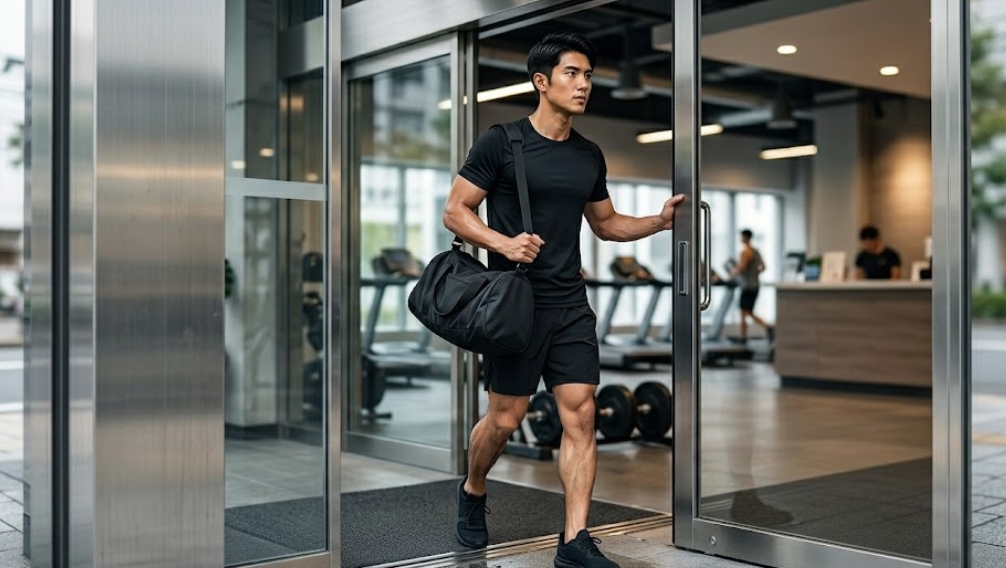 黒いTシャツ、ショーツ、スニーカーのスポーツウェアを着たアジア人男性が、黒いダッフルバッグを肩にかけ、モダンなジムの自動ガラスドアを通り抜けて中に入っていく様子。男性は左を向き、ドアを開けて入ろうとしている。ジムの中にはトレッドミル、その他のトレーニング機器、受付カウンターが見え、明るい。歩道とジムの入り口のタイル床。リアル調の写真。文字なし。