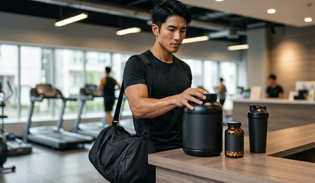 黒いTシャツとショーツを着たアジア人男性が、モダンなジムの受付カウンターに立ち、肩にジムバッグをかけ、大きな黒いプロテインボトルの蓋に触れている。カウンターには、プロテインボトル、サプリメントの瓶、シェイカーが置かれている。背景にはぼかされたトレッドミルや他のジム利用者がいる。リアル調の写真。文字なし。