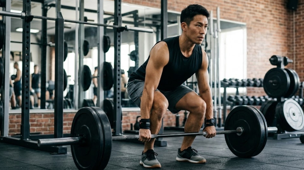 ジムでバーベルデッドリフトを行う筋肉質のアジア人男性の写真。彼は黒いタンクトップとショートパンツを着用し、バーベルを握るためにリストストラップを使用している。背後にはレンガの壁、鏡、パワーラック、ダンベルが見える。