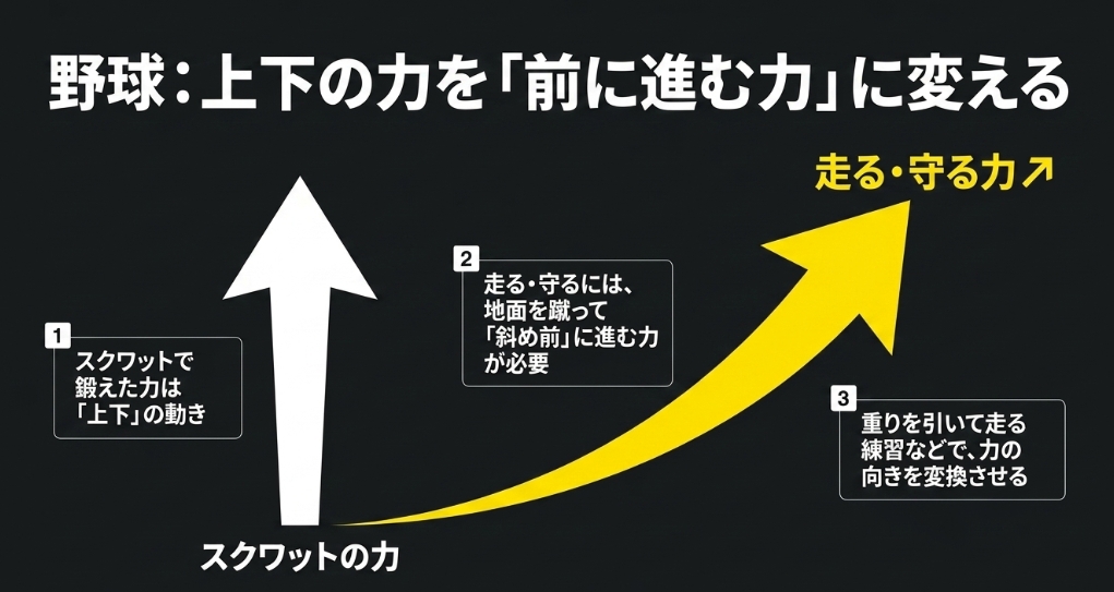 野球向けのトレーニングにおいて、スクワットで培った上下（鉛直）方向の力を、走るための前（水平）方向の推進力へ変換するための専門的な練習（スレッド走、バウンディング）の重要性を説明するスライド。