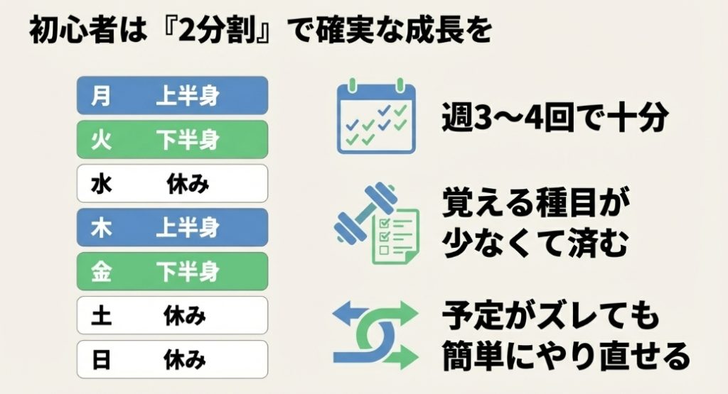 月曜・木曜を上半身、火曜・金曜を下半身とし、覚える種目が少なく予定がズレてもやり直しやすい2分割法のカレンダー例。