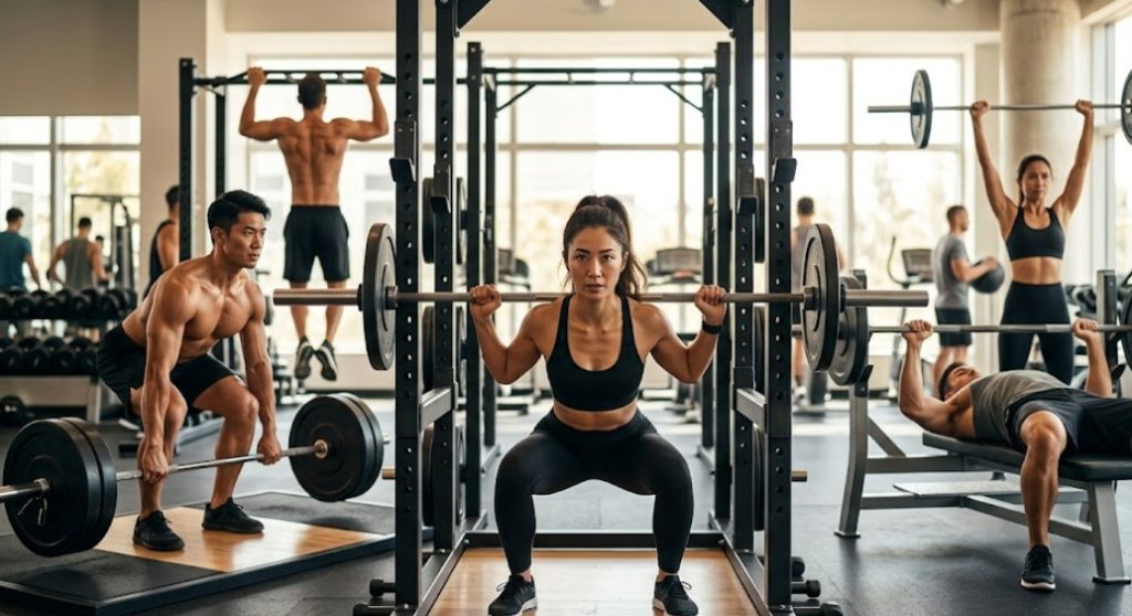 明るい現代的なジムで、5人のアスリートがビッグ5筋トレの各種目を同時に行っている。中央前景では日本人女性がバーベルスクワットを、左側では男性がデッドリフトを、右側では男性がベンチプレスを、背景では男性が懸垂を、女性がショルダープレスをしている。すべての種目が自然光の下でリアルに描写されており、画像内に文字はない。