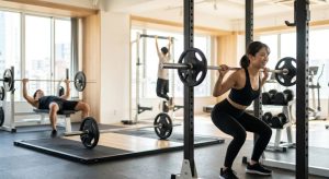 明るいジムでバーベルスクワットを行う日本人女性。背景にはベンチプレスや懸垂をする男性が写っており、ビッグ5の筋トレ種目を網羅的に表している。