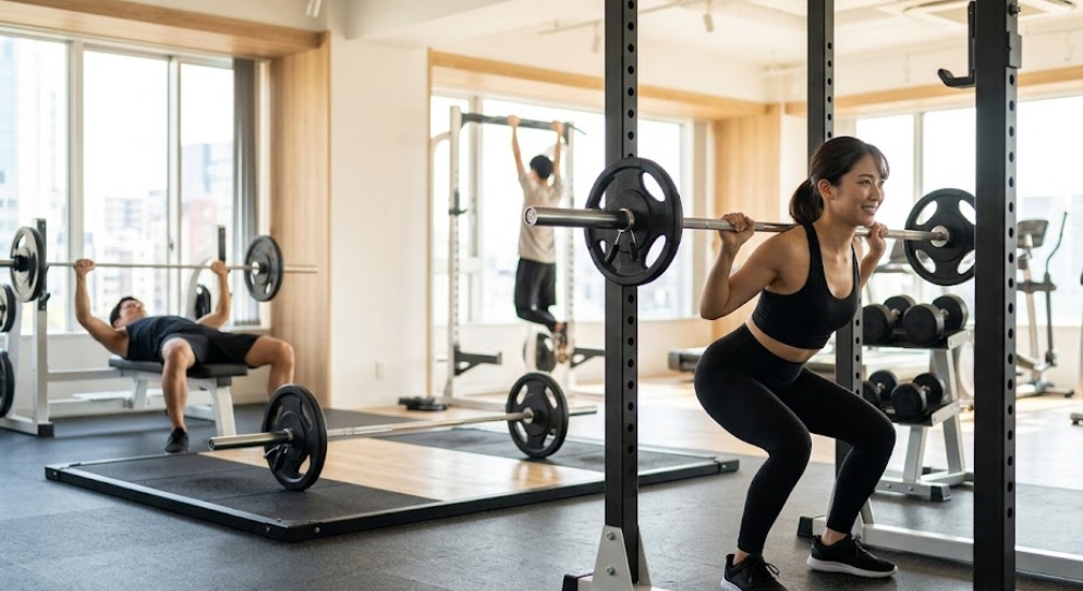 明るいジムでバーベルスクワットを行う日本人女性。背景にはベンチプレスや懸垂をする男性が写っており、ビッグ5の筋トレ種目を網羅的に表している。