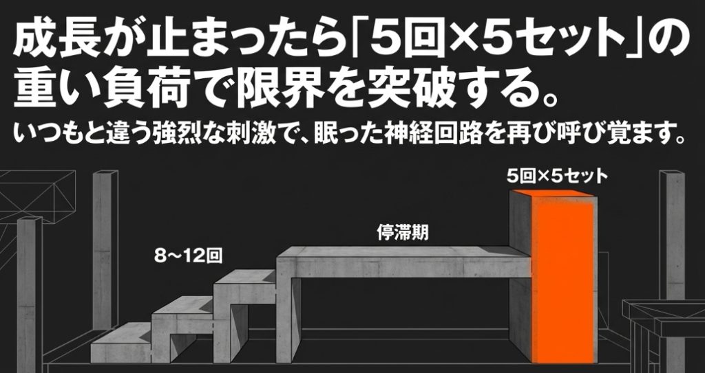 8〜12回の階段から停滞期の踊り場を経て、5回×5セットの大きなブロックを越えるイメージ図。「成長が止まったら『5回×5セット』の重い負荷で限界を突破する。いつもと違う強烈な刺激で、眠った神経回路を再び呼び覚ます。」という解説が書かれたスライド画像。