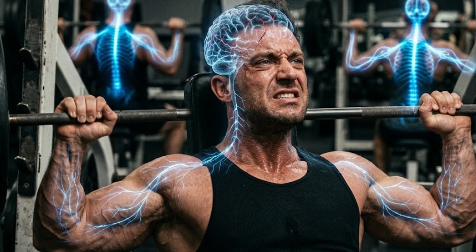 ジムで重いバーベルを持ち上げながら、激しく苦悶の表情を浮かべる男性。彼の脳、脊髄、全身の神経系が、青い電気信号のようなグラフィックで強調されており、中枢神経の疲労と筋肉の限界を視覚的に表現している。背景には、同様に神経系が視覚化された人々がぼやけて映っている。