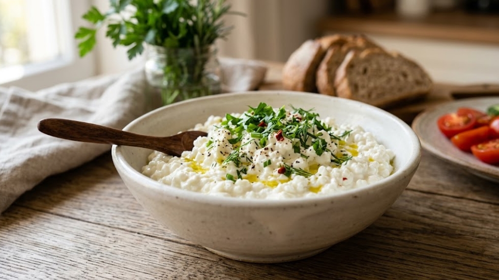 素朴な木製テーブルの上に、刻んだ新鮮なハーブ、オリーブオイル、レッドペッパーフレーク、黒胡椒がトッピングされたカッテージチーズのボウル。木製のスプーンが添えられている。背景には、ガラス瓶に入った新鮮なハーブ、スライスしたパン、チェリートマトとキュウリが並んでいる。