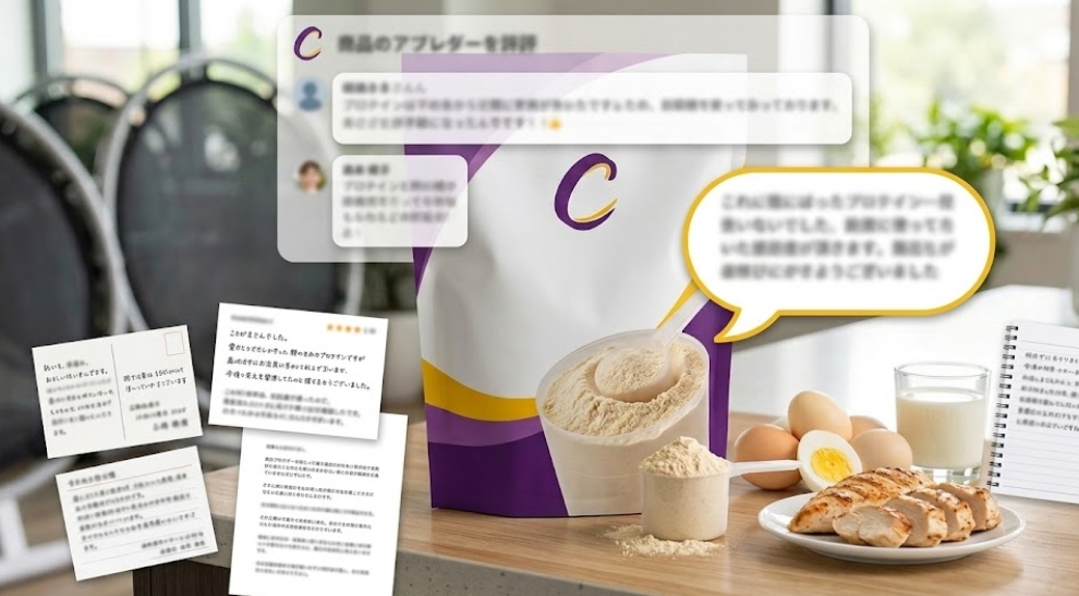 紫と白のプロテインパッケージや、卵・チキンなどの高タンパクな食材の周りに、口コミをイメージした吹き出しやレビュー画面が配置されている写真。吹き出しや画面内の文字はすべて意図的にぼかされており、読めないようになっている。背景には明るいフィットネスジムの様子がぼんやりと写っている。