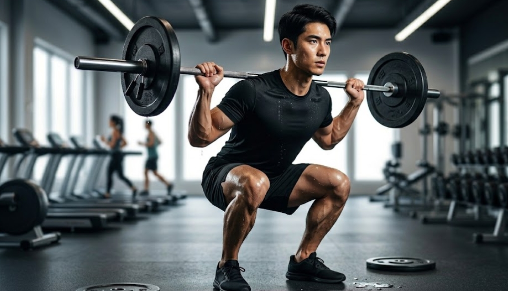 汗を流しながら、東アジア人の筋肉質な男性が黒いスポーツウェアとランニングシューズを着用し、現代的なジムで重量のあるバーベル・バック・スクワットを正しいフォームで熱心に行っている。彼は、複数のウェイトプレートが付いた重いバーベルを肩に担ぎ、深く腰を下ろしている。背景には、ソフトにぼかされたトレッドミルやダンベルラック、他のジム機器が見え、プロ仕様の照明が男性の筋肉と汗を際立たせている。シネマティックでリアルな写真。
