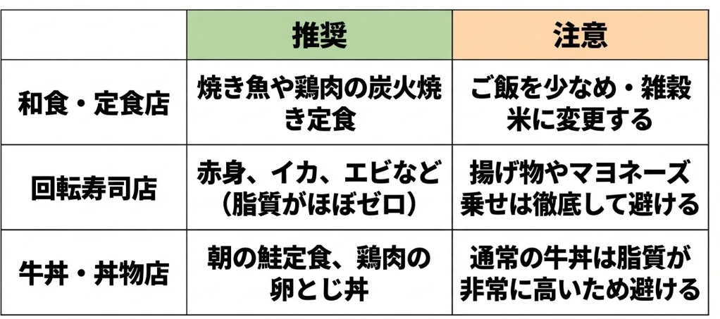 和食・定食店、回転寿司店、牛丼店での推奨メニューと注意点がまとめられた表