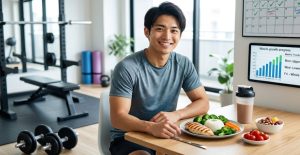 ホームジムで、健康的な増量食（鶏肉、ご飯、野菜）、プロテインシェイク、そして筋トレの進捗グラフが描かれたタブレットの前に座る笑顔の男性。