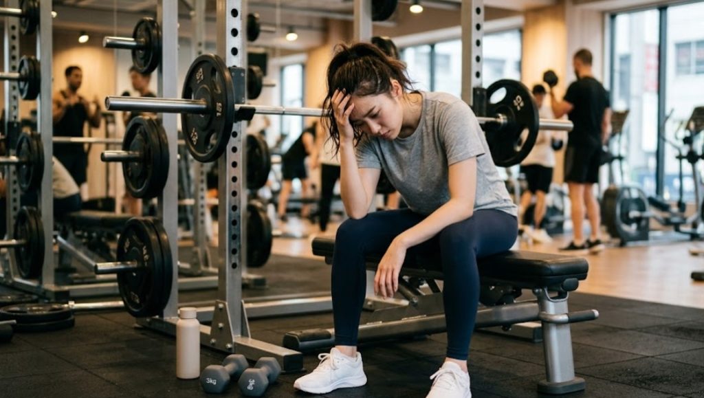 明るく広々としたジムの中で、グレーのTシャツとダークブルーのレギンスを着た20代前半の日本人女性が、黒いウェイトベンチに座ってうつむいている。彼女は前かがみになり、がっかりした表情で右手をこめかみに当て、左手は力なく垂らしている。床の左側には小さなダンベルと水筒が置かれている。背景には、金属製のウェイトラック、ぼんやりと映る他のトレーニング中の人々、そして大きな窓からの自然光が見え、彼女の疲労と挫折感が伝わってくる。