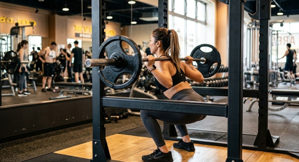 よく設備の整ったジムで、頑丈な黒いパワーラックの中でバーベルスクワットを深く行っている、ポニーテールの女性。彼女は黒のスポーツブラとグレーのレギンス、黒のスニーカーを着用し、適切なフォームでしゃがんでいる。ミラー壁には、他の多くの人々がトレーニングしている様子やジム全体の活気が映っている。バーベルには複数の大きなウェイトプレートが積まれている。