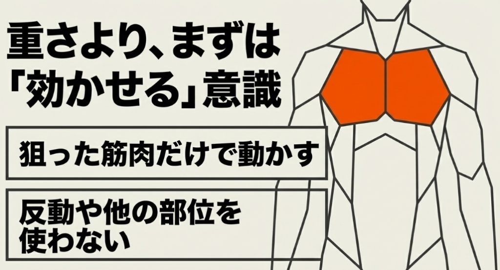 重さよりまずは「効かせる」意識が重要であり、反動や他の部位を使わず狙った筋肉だけで動かすことを説くスライド