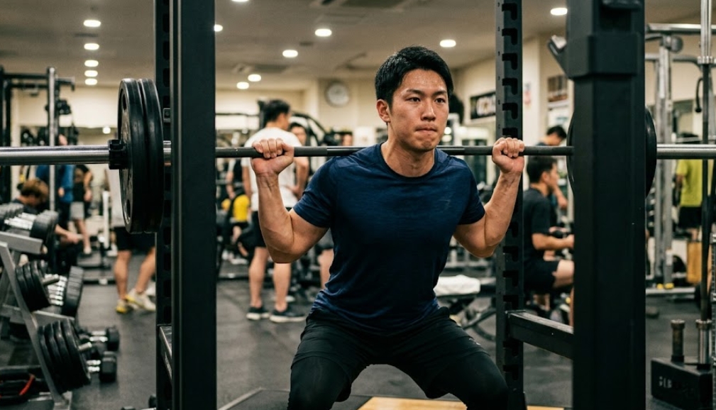 ジムのパワーラックでバーベルスクワットを行う日本人男性アスリート。彼は真剣な表情で、適切なフォームで重量を挙げており、背景には他のトレーニーやトレーニング機器が見える。