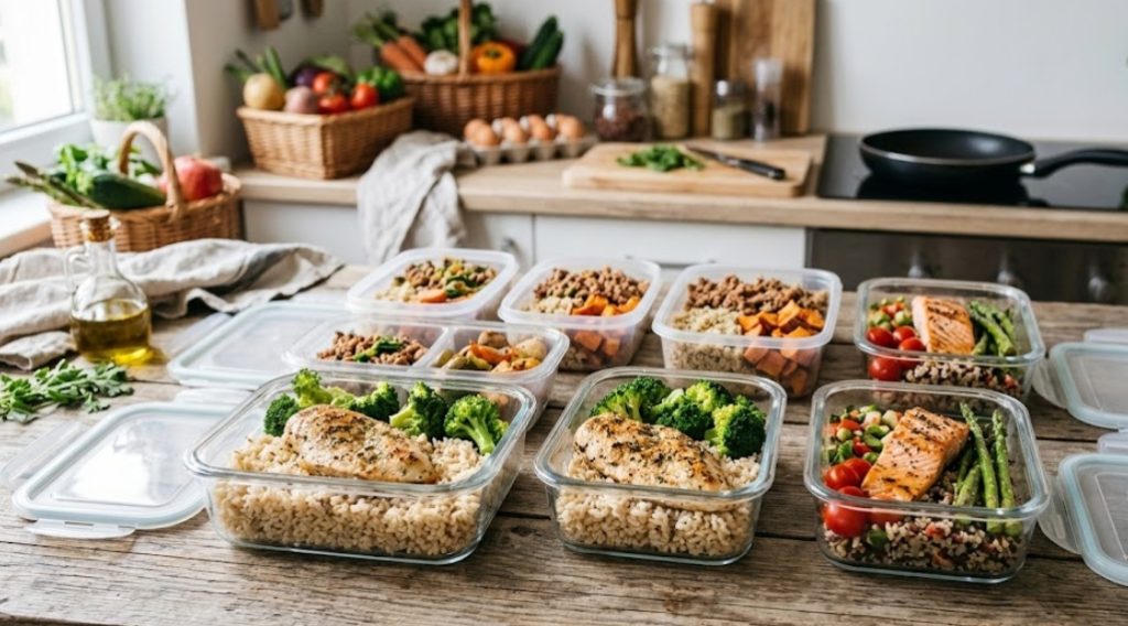 キッチンカウンターに並べられた、鶏胸肉とブロッコリーの玄米弁当、サーモンとアスパラガスのクスクス弁当など、健康的な作り置きミールプレップ（筋トレ飯）の多数の容器。
