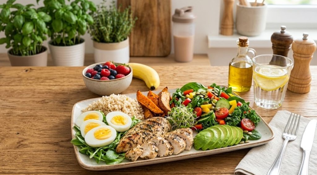 木のテーブルの上に置かれた長方形の皿に、バランスの取れた健康的な食事が並んでいます。皿には、ハーブで焼いたスライスチキンブレスト、スライスされたゆで卵、キヌア、ローストサツマイモ、そしてアボカド、チェリートマト、きゅうり、パプリカ、パンプキンシード、スプラウトが入ったたっぷりのサラダが盛られています。皿の横には、白いリネンのナプキンの上に置かれたフォークとナイフ、レモンスライス入りの水のグラス、オリーブオイルのボトル、塩と胡椒のミルがあります。奥には、ベリーのボウル、バナナ、バジルとタイムの鉢植え、そして窓からの自然光が差し込むキッチンアイテムが見えます。
