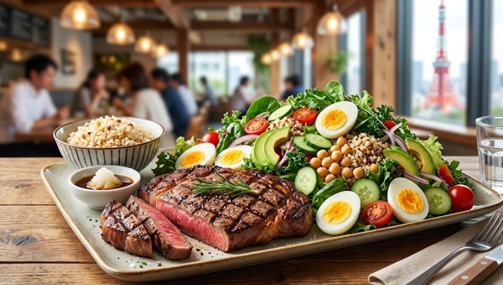 厚切りステーキと、大量のゆで卵・アボカドが入ったサラダ、玄米が並ぶ、レストランのカントリー調のテーブル席。窓から東京タワーが見える。