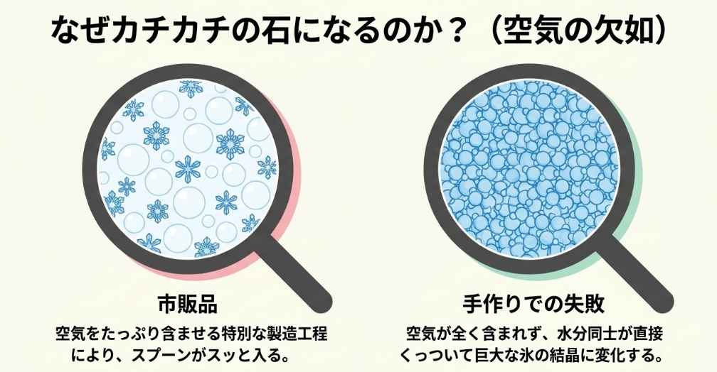 市販品アイスと手作り失敗アイスの氷の結晶の顕微鏡イメージ。空気が全く含まれない手作りは、水分同士が直接くっついて巨大な氷の結晶に変化しカチカチになることを示す図解 。