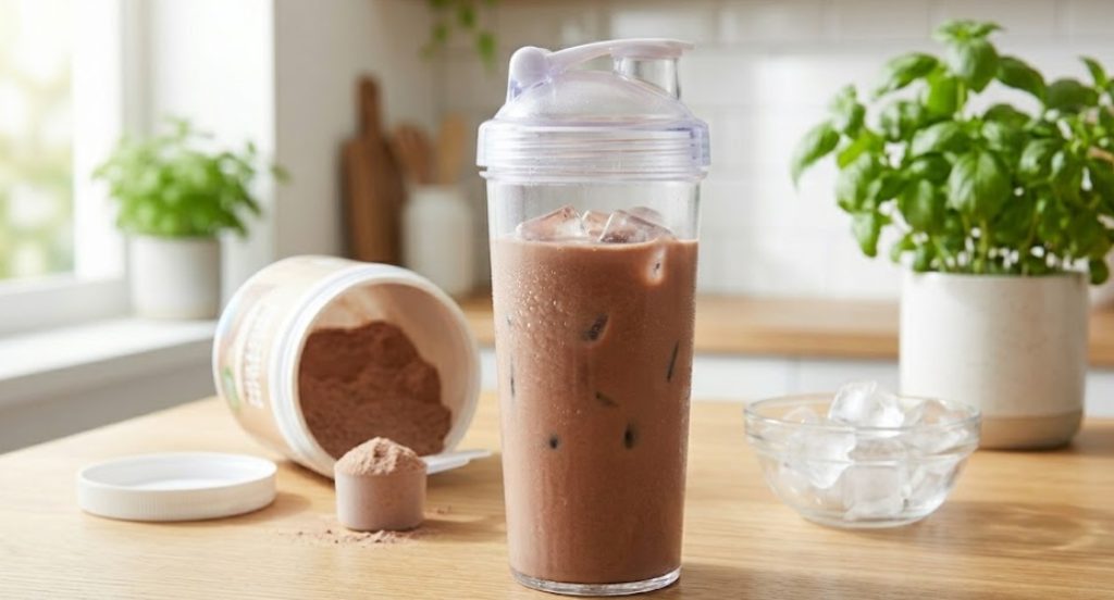 明るいキッチンで、氷がたっぷり入った冷たいチョコレートプロテインシェイカーが木製のテーブルに置かれている。隣には開いたプロテインパウダーの容器と氷の入ったガラスボウル、背景には観葉植物がある。