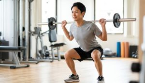 明るいジムで、軽量のバーベルを担いでスクワットをする日本人男性。病み上がりで軽い負荷から筋トレを再開している様子。