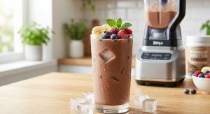 結露したグラスに入った氷と冷凍フルーツ（バナナ、ベリー）トッピングの冷たいチョコレートプロテインスムージー。背景にはブレンダーとプロテインパウダー。