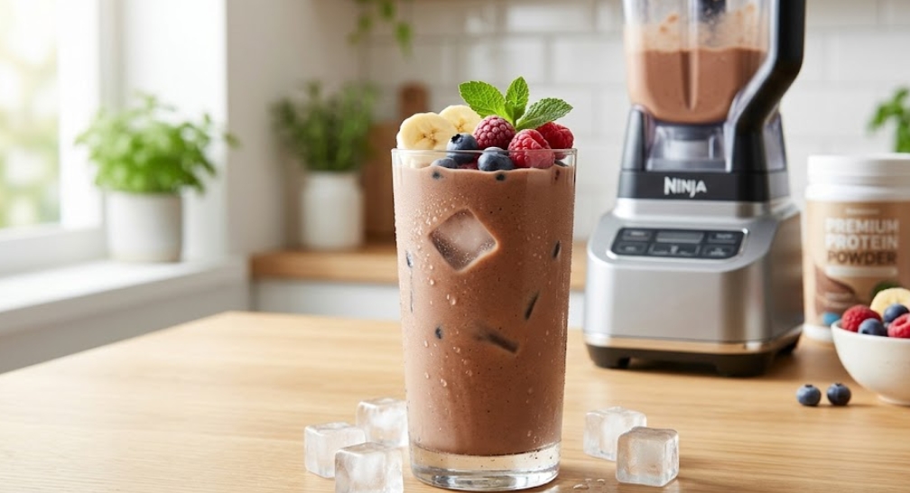 結露したグラスに入った氷と冷凍フルーツ(バナナ、ベリー)トッピングの冷たいチョコレートプロテインスムージー。背景にはブレンダーとプロテインパウダー。