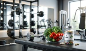 ジムのベンチに置かれたダンベル、ブロッコリー、トマト、マルチビタミンサプリメントのボトルの画像。筋トレと野菜摂取、サプリメントの関係を象徴している。背景はモダンなジムの風景。