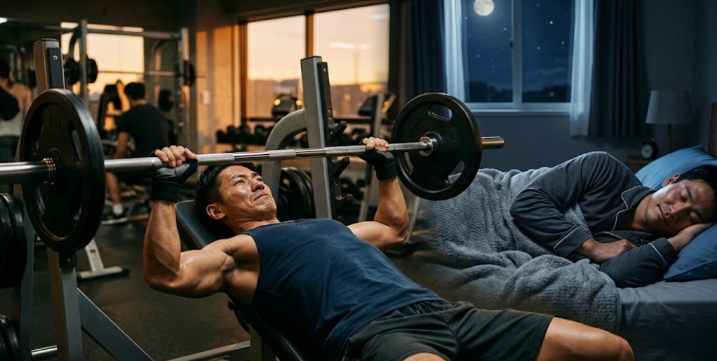 バーベルをベンチプレスで持ち上げる筋肉質の日本人男性と、同じフレーム内に並んで静かに眠る男性の姿を描いた、対照的な筋トレと睡眠の分割シーンの写真。