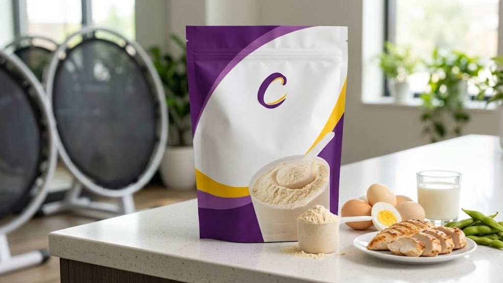 明るいキッチンで、フィットネスジムにあるような器具を背景に、紫と白のカーブス風プロテインパウダーパッケージと、手前のスクープに盛られたパウダー、そしてタンパク質源となるゆで卵、グリルチキン、枝豆、牛乳が並んでいる写真。文字は入っていない。