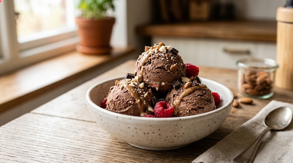 自然光が差し込むキッチンで、風化したオーク材の木製テーブルに置かれた、クラッシュアーモンド、ダークチョコレートチャンク、フレッシュラズベリー、アーモンドバターをトッピングしたチョコレートプロテインアイスクリームがたっぷり入った田舎風のボウルを捉えたスナップ写真。