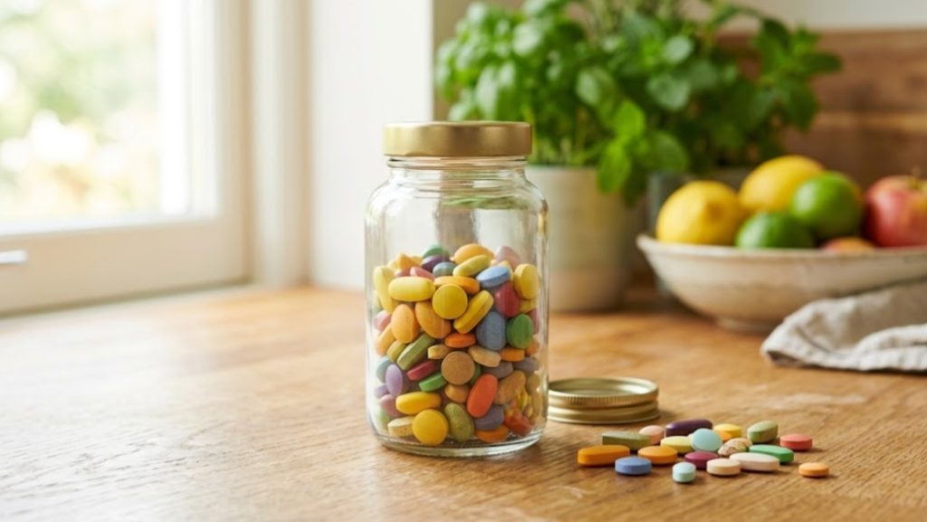 明るい木製のキッチンカウンターに置かれた、透明なガラスボトルに入ったカラフルなマルチビタミンサプリメント。ボトルには様々な色と形のタブレットが詰まっており、ゴールドの蓋が隣に外されている。その間に数粒のタブレットが散らばっており、背景には窓、鉢植えの緑の植物、新鮮な果物が入ったボウルが柔らかくぼかされて映っている。
