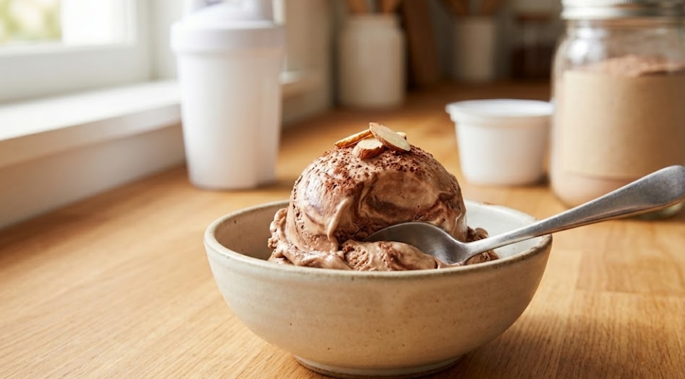 木目調のキッチンカウンターに置かれた、素朴なセラミックボウルに入ったチョコレートプロテインアイスクリームのクローズアップ写真。金属製のスプーンがアイスクリームに部分的に沈んでおり、上にはアーモンドのスライスがトッピングされている。背景には、ロゴやテキストが一切ない無地の白いプロテインシェーカーボトル、ブランクの白いカップ、そしてテキストのないラベルの貼られた粉末の入ったガラス瓶が置かれている。左側の窓からの柔らかい自然光がシーンを照らしている。アイスクリームボウルに焦点が合っている。