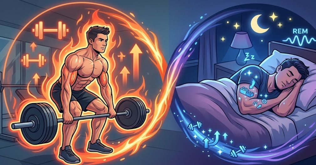 筋トレと睡眠の相関関係を視覚化したデジタルイラスト。左側では筋肉質の男性がオレンジのエネルギーを放ちながらバーベルを持ち上げ、右側では彼が穏やかに眠り、青い回復エネルギーを受け取っている。中央のループが二つのシーンを結び、文字は一切ない。