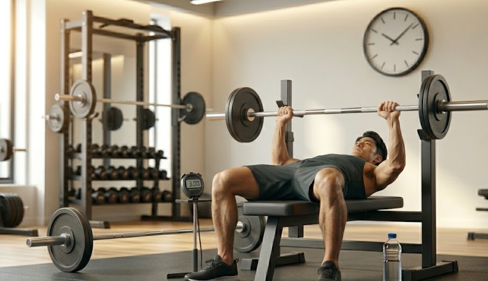 現代的な日本のジムで、ベンチプレスをしている筋肉質の男性。背景にはパワーラック、ダンベルラック、大きな掛け時計、手前には水筒と「3:00」を表示するストップウォッチがある。文字はない（ストップウォッチの「3:00」を除く）