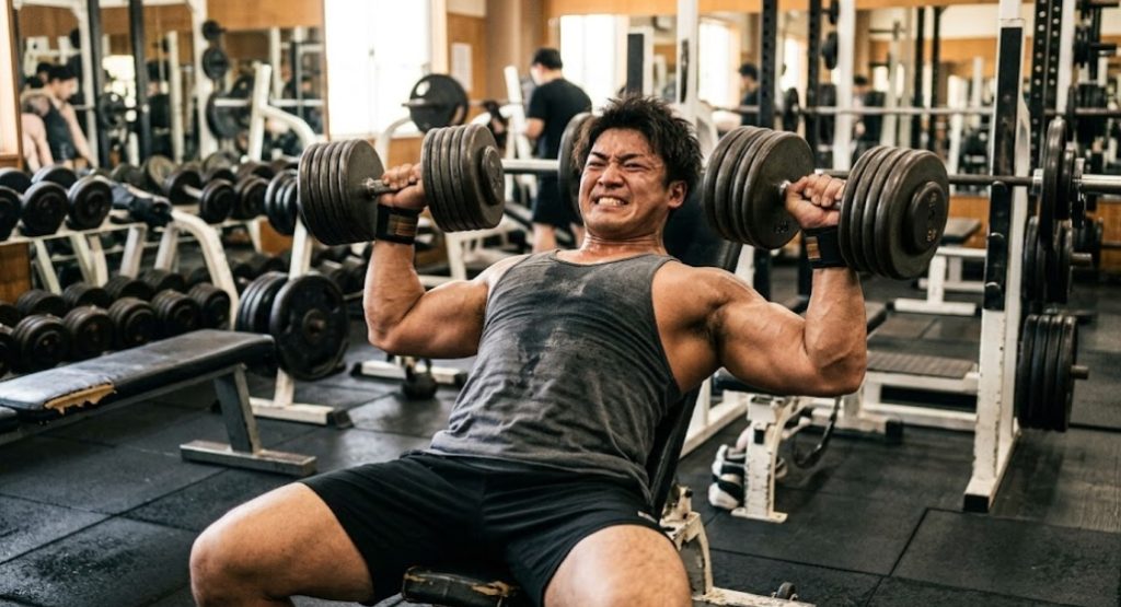 よく装備されたジムで、筋肉質で汗だくのアジア人男性トレーニーが、インクラインベンチに横たわり、強烈な表情（努力の grimace）で重いダンベルをプレスしている。胸、肩、腕の筋肉が強く緊張し、汗が光っている。背景にはダンベルラック、パワーラック、ウェイトプレート、そしてぼやけた他のトレーニング中の人々がいる。