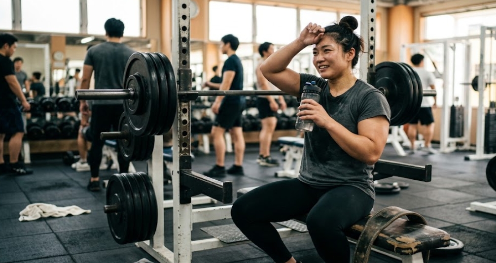 本格的なジムで、バーベルがセットされたパワーラックを背景に、ベンチに座って休憩する日本人女性トレーニー。グレーのTシャツと黒のレギンスを着用し、笑顔で右手で額の汗を拭いながら、左手でシェイカーボトルを持っています。周囲には他のトレーニング機器や人影があります。