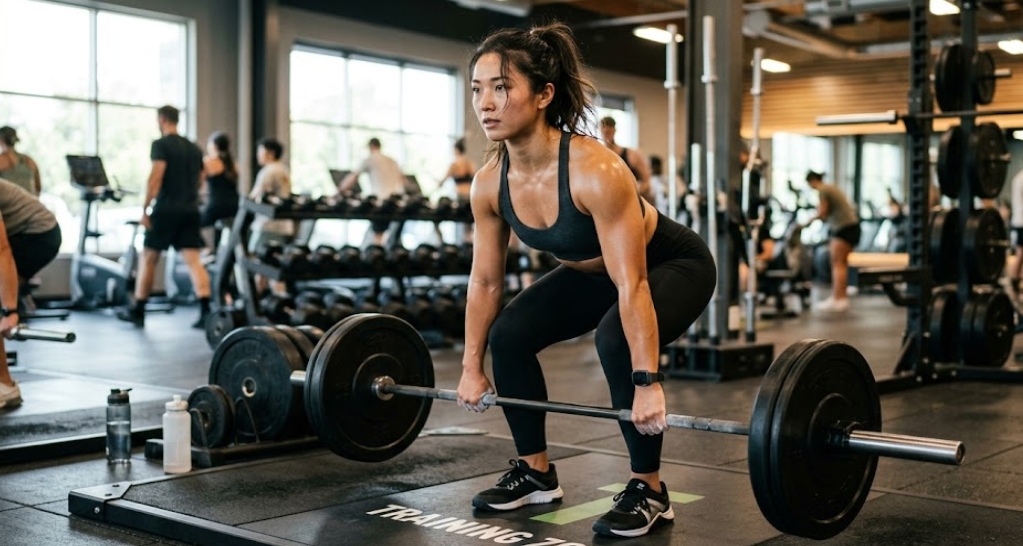本格的なジムで、黒髪をポニーテールにした日本人女性トレーニーが、バーベルをデッドリフトの開始フォームで握り、持ち上げようと集中している。彼女は黒のスポーツブラとレギンス、スマートウォッチ、トレーニングシューズを着用。床のマットには「TRAINING ZONE」の文字が見える。背景には他のトレーニング機器や人影が自然光の中でぼやけている。