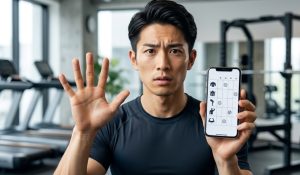 モダンなジムで、左手の指5本を立て、右手に持ったスマートフォンの筋トレメニュー画面を見て困惑した表情を浮かべるフィットネス姿の日本人男性のリアルな写真。