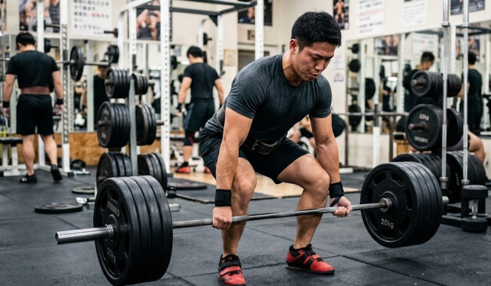 黒いトレーニングウェアと赤いシューズを着用した日本人男性トレーニーが、ジムで重量のあるバーベルを持ち上げてデッドリフトを行っている。バーベルプレートには『IVANKO 20kg』の文字が見える。背景には他のトレーニング機器やトレーニーが写っており、床にはラバーマットが敷かれている。