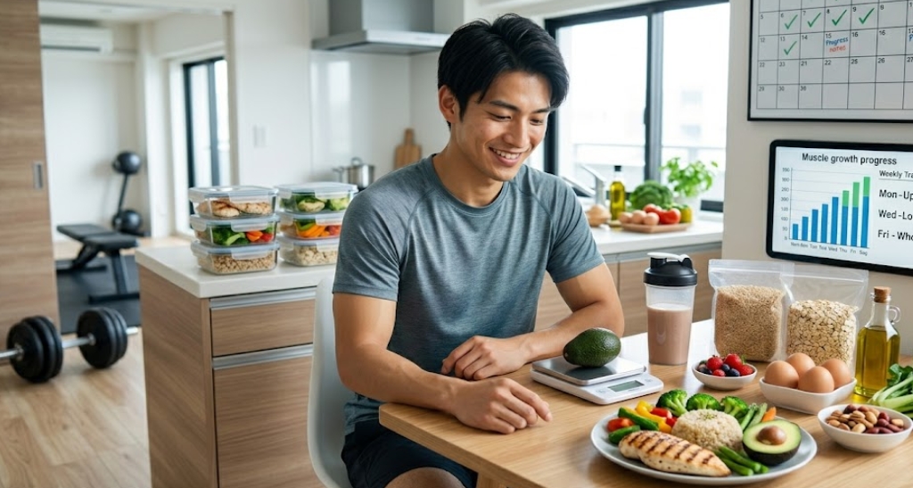 清潔なモダンキッチンで、グレーのTシャツを着た笑顔の日本人男性が木のテーブルに座り、デジタルフードスケールに乗ったアボカドを満足そうに見ている。テーブルには、グリルチキン、玄米、蒸し野菜の食事、卵、ナッツ、ベリー、プロテインシェイカーが置かれている。キッチンカウンターには複数のガラス製ミールプレップ容器が並んでいる。彼の横の壁には、チェックマーク付きのカレンダーと、棒グラフ（「Muscle growth progress」と「Weekly Schedule」のテキスト付き）を表示するタブレットが掛けられている。背景のオープンな出入り口からは、小さなホームジムセットが見える。大きな窓から自然光が差し込んでいる。