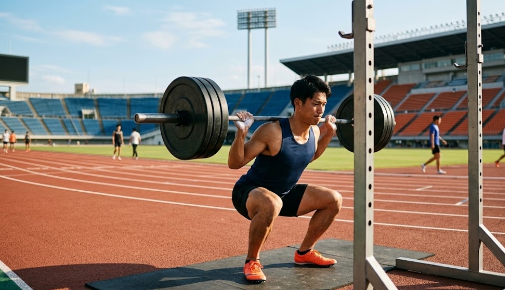 晴れた日の陸上競技場で、タンクトップとショートパンツ、オレンジ色のスパイクを着用した筋肉質のアジア人男性が、パワーラックの前でバーベルを担いでバックスクワットをしている。背景にはトラックとスタジアムの観客席が見え、他の選手も走っている。
