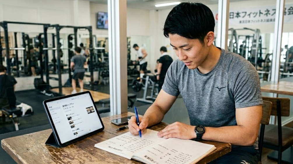 グレーのミズノ製Tシャツを着た若い日本人男性が、ジムのラウンジで木製テーブルに座り、集中した表情で青いボールペンを使い手書きの「トレーニング記録簿」ノートに記入している。彼の左側にはiPadがあり、画面には「週刊トレーニング」や「胸・三頭肌」などの日本語のトレーニングメニューと動画が表示されている。テーブルにはスマートフォンもある。ガラス窓を通して、背景にはパワーラックやダンベルのあるアクティブなジムエリアと、トレーニング中の他の人々がぼやけて見える。窓には「日本フィットネス協会」の看板が見える。