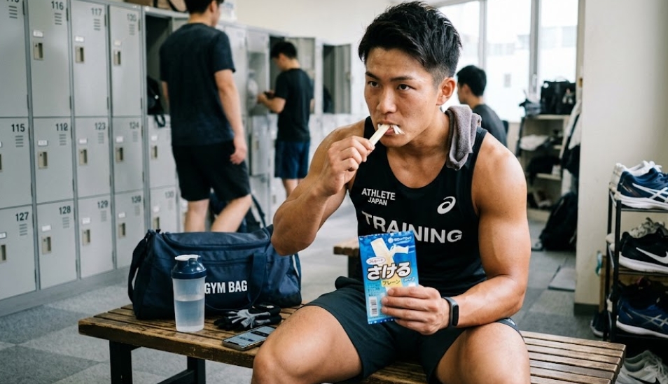 タンクトップを着た筋肉質の日本人男性が、更衣室の木製ベンチに座り、「さける」と書かれたチーズのパッケージからチーズを食べている。彼の横には運動バッグとシェイカーが置かれている。